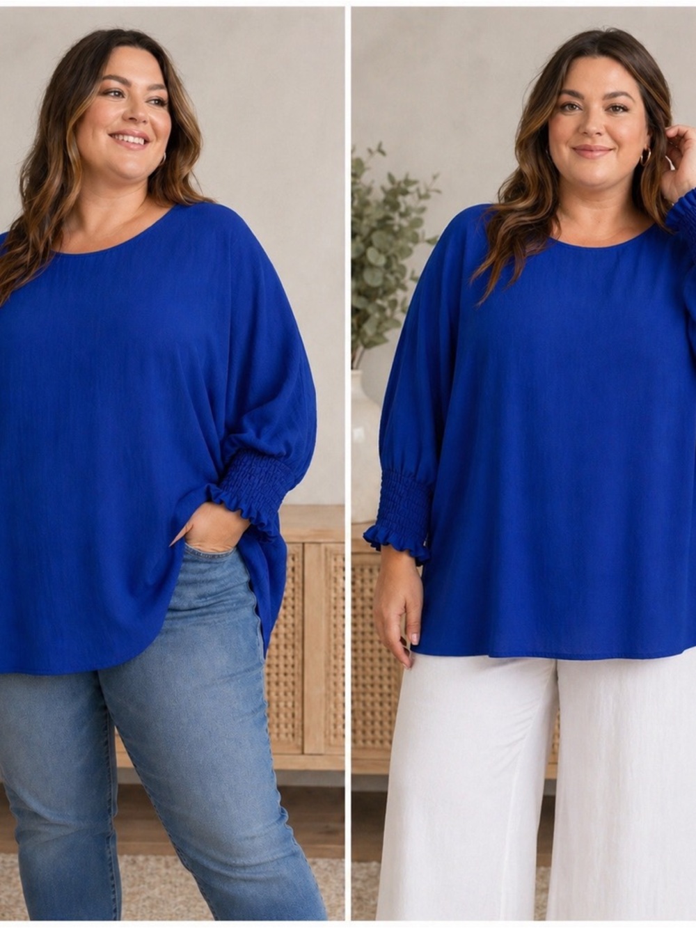 ODDY Plus-Size Smocked Sleeve Round Neck Top in Royal Blue